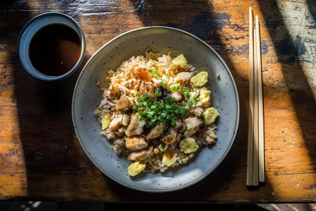 A plate of fried rice topped with tender chicken pieces, scrambled eggs, and chopped green onions, served with a side of soy sauce.