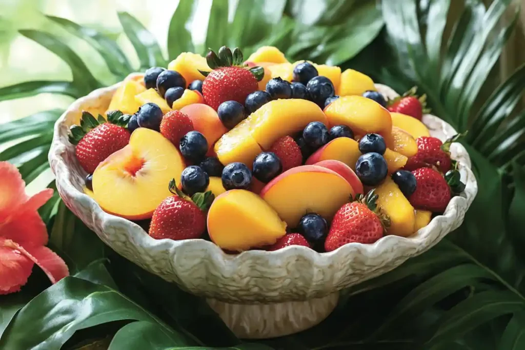 Berries and tropical fruits paired with peaches