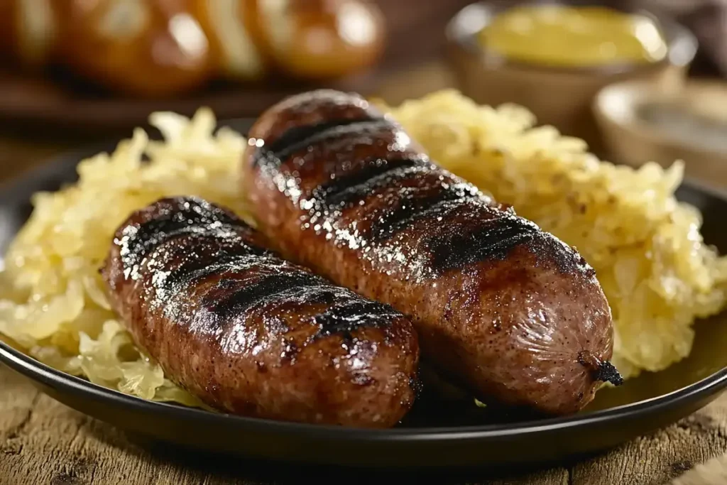 Two grilled beef sausages served with sauerkraut and mustard on a black plate, with a rustic wooden background.