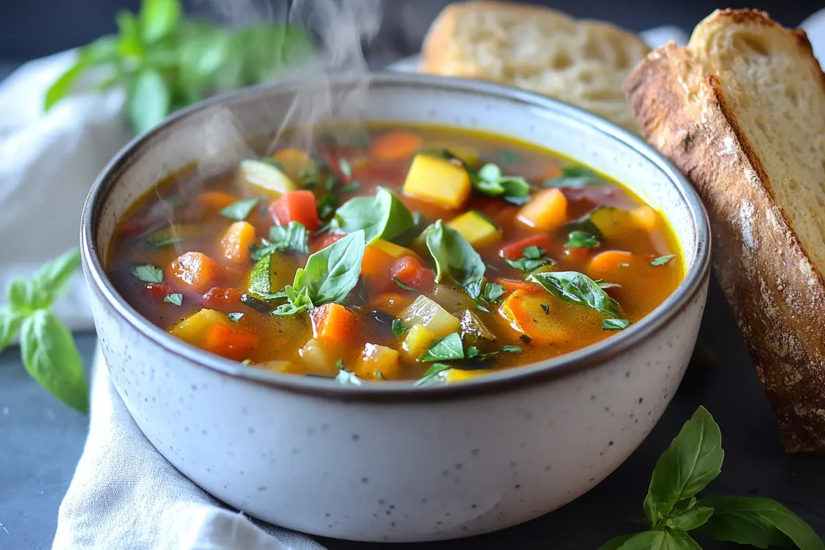 Gluten-free soup recipes in a bowl with fresh vegetables.