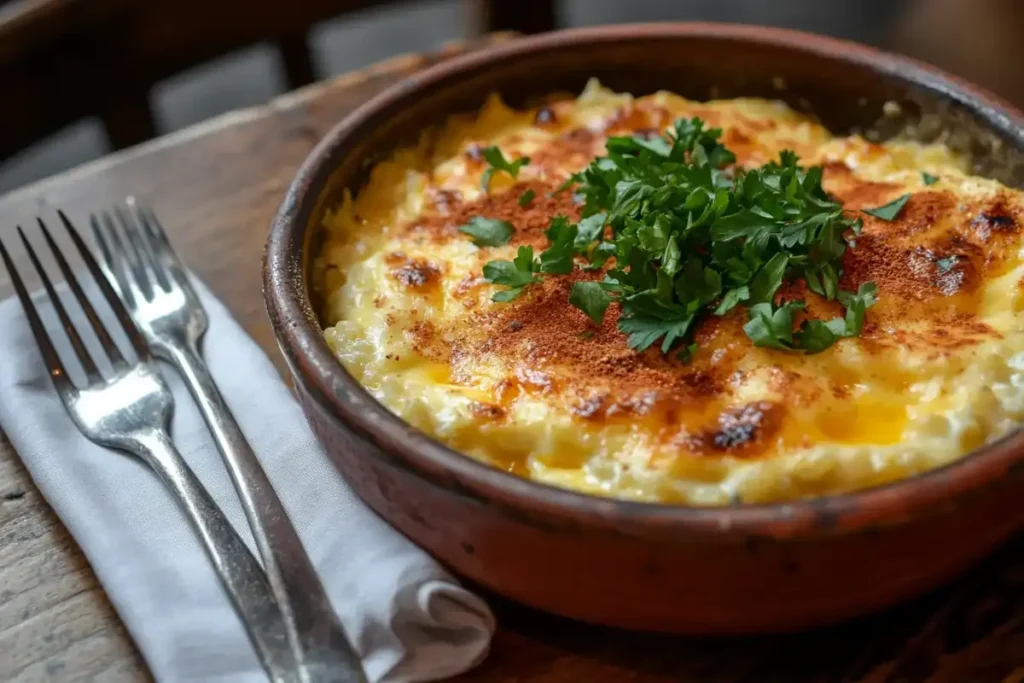 A rustic bowl of golden-baked cheesy rice topped with fresh parsley and a sprinkle of paprika, served with a fork and knife on a white napkin.