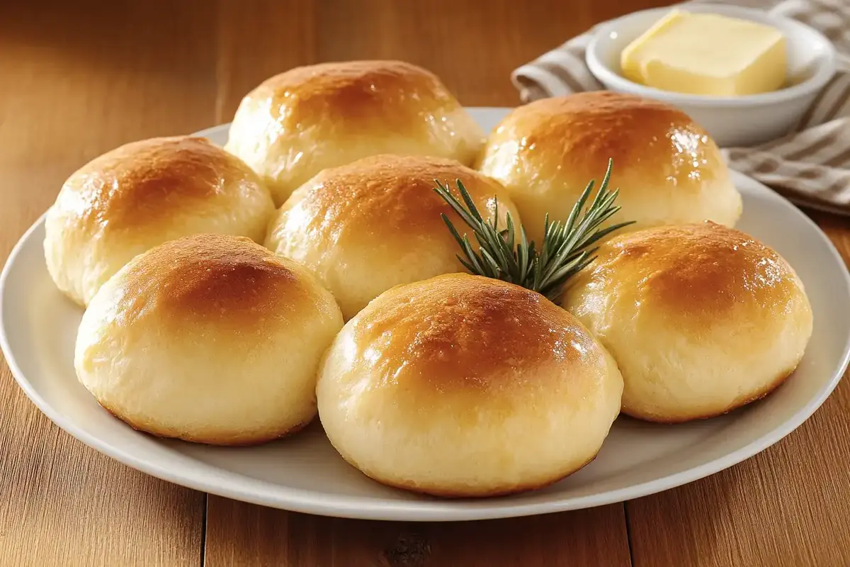 Plate of golden brown no-yeast dinner rolls garnished with a sprig of rosemary and served with a butter dish on the side.