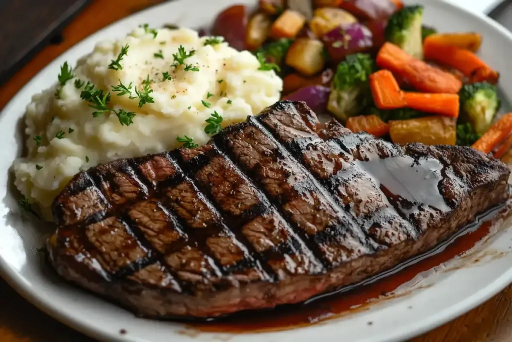 Grilled arm steak with grill marks, served alongside creamy mashed potatoes and roasted vegetables on a white plate, garnished with parsley.