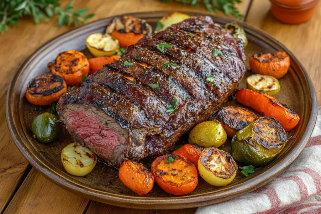 Grilled beef arm roast with a side of vegetables.