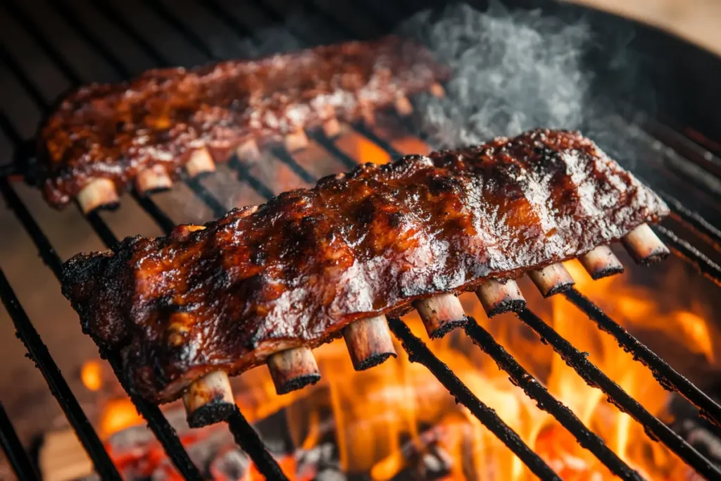 Cooked beef back ribs on a grill.