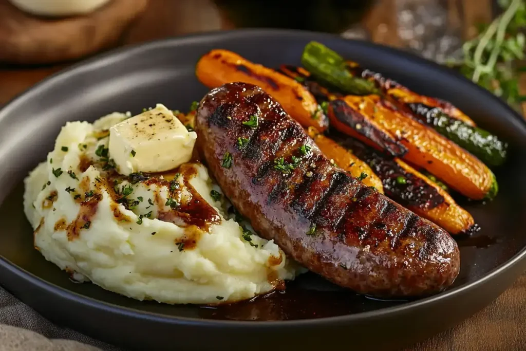 Grilled beef sausage served with creamy mashed potatoes topped with butter and roasted carrots and zucchini on a black plate.