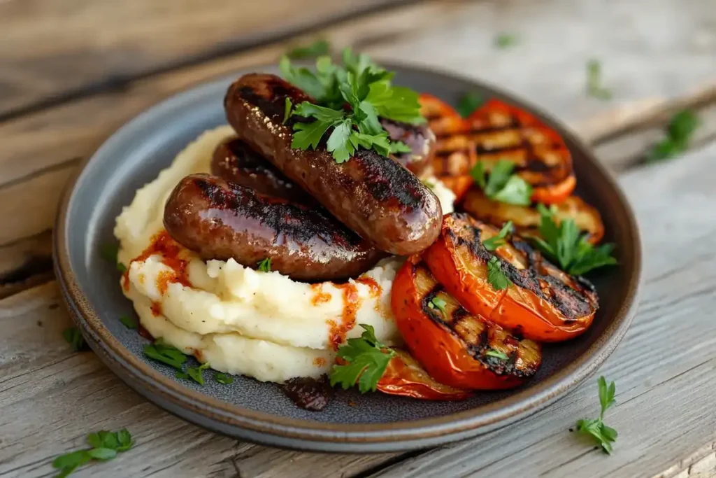 Grilled beef sausages served on a bed of creamy mashed potatoes, garnished with parsley, and paired with grilled bell peppers and vegetables.