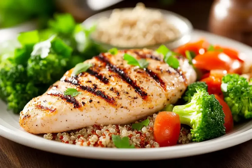 A grilled chicken breast served with quinoa, broccoli, and tomatoes, offering a balanced, protein-rich dinner option.