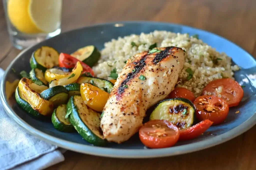 Grilled chicken breast served with fluffy quinoa and sautéed vegetables including zucchini, cherry tomatoes, and bell peppers.