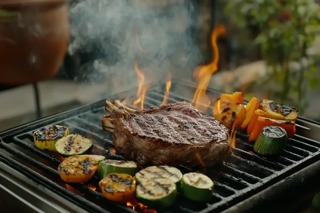 A grilled lamb shoulder chop sizzling on a barbecue with flames, surrounded by charred zucchini and bell peppers.