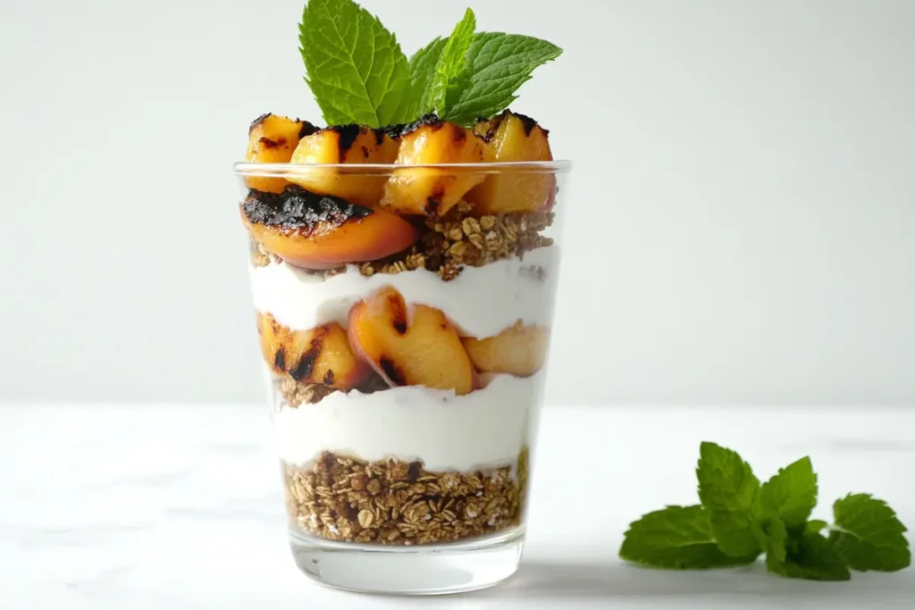 Grilled peach and yogurt parfait in a glass.