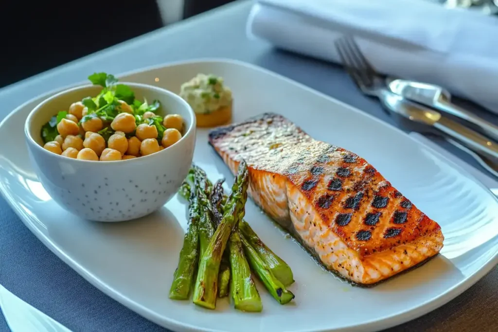 A dinner plate with grilled salmon, roasted asparagus, and a side of chickpeas, a perfect high-protein seafood meal.