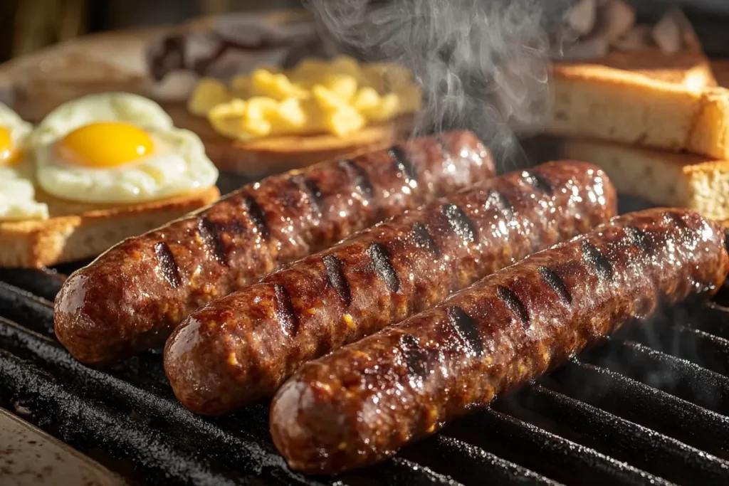 Homemade venison breakfast sausage links on a grill.