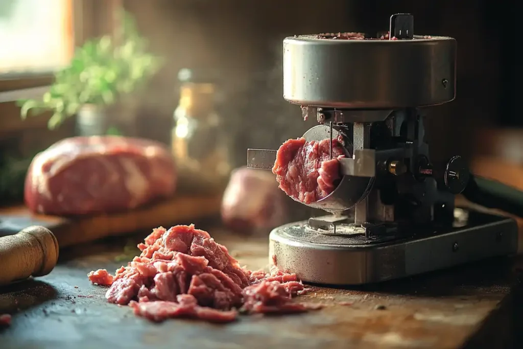 Grinding venison with pork fat for perfect texture.