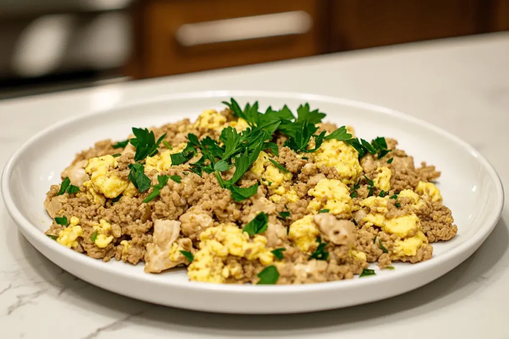 Ground chicken and egg scramble on a plate.