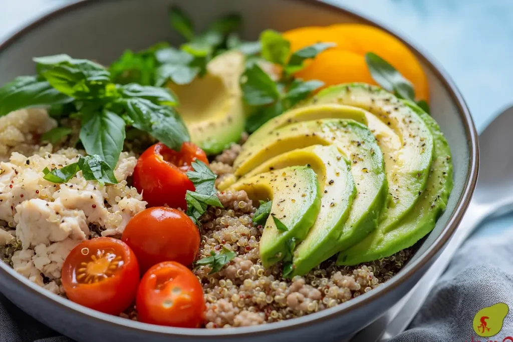 Ground chicken breakfast bowl with quinoa and avocado.