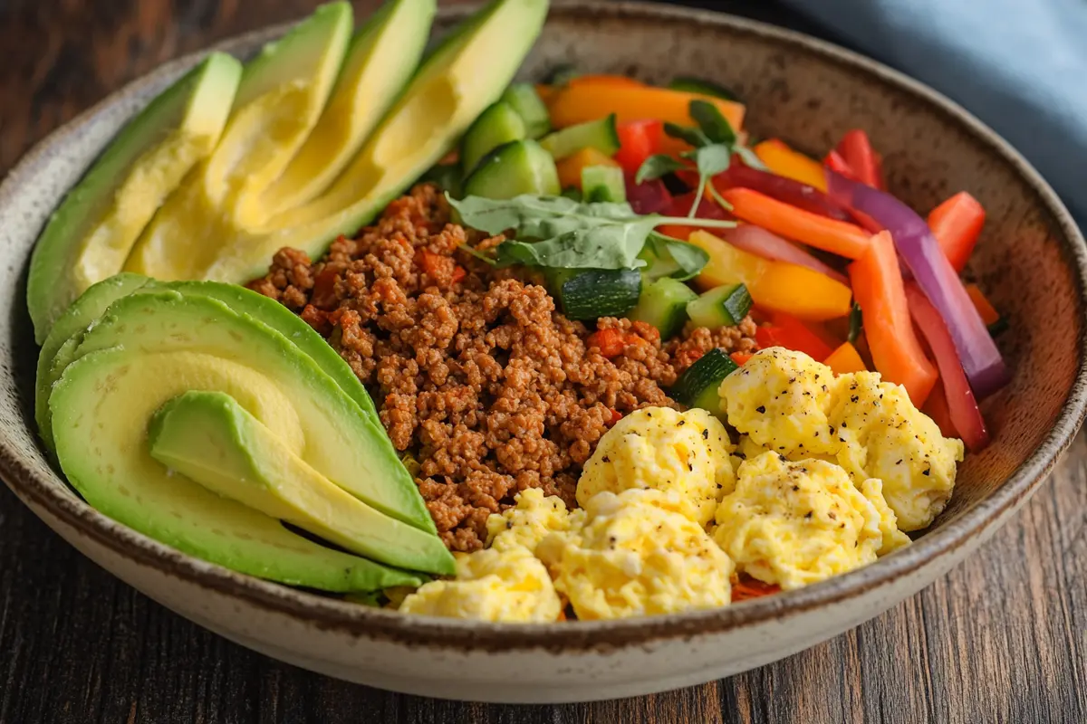 Ground chicken breakfast with eggs and vegetables.