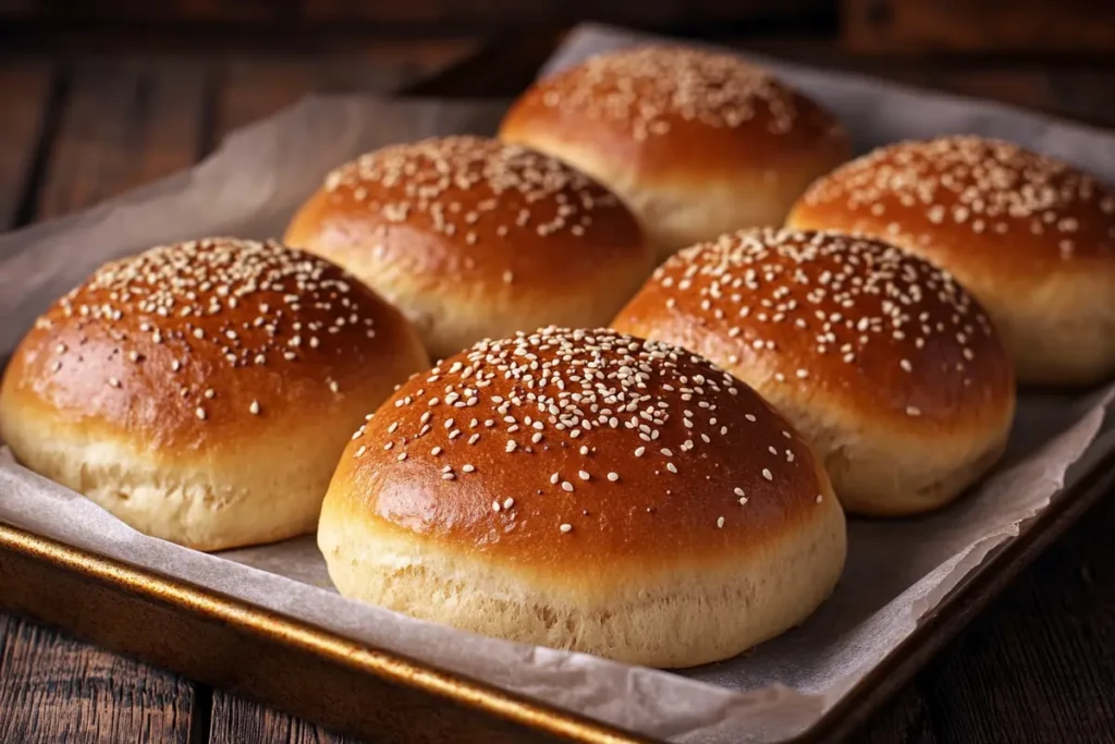 Freshly baked hamburger buns on a tray.