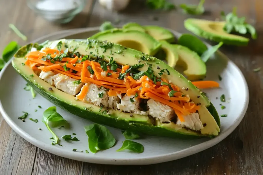 An avocado half stuffed with turkey chunks, shredded carrots, and herbs, served on a white plate with fresh spinach leaves on a wooden table.