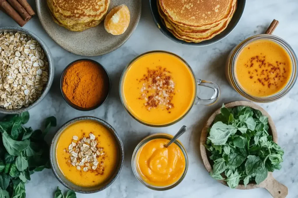 Pumpkin smoothies, pancakes, oats, and spices arranged on a kitchen countertop for a healthy breakfast.