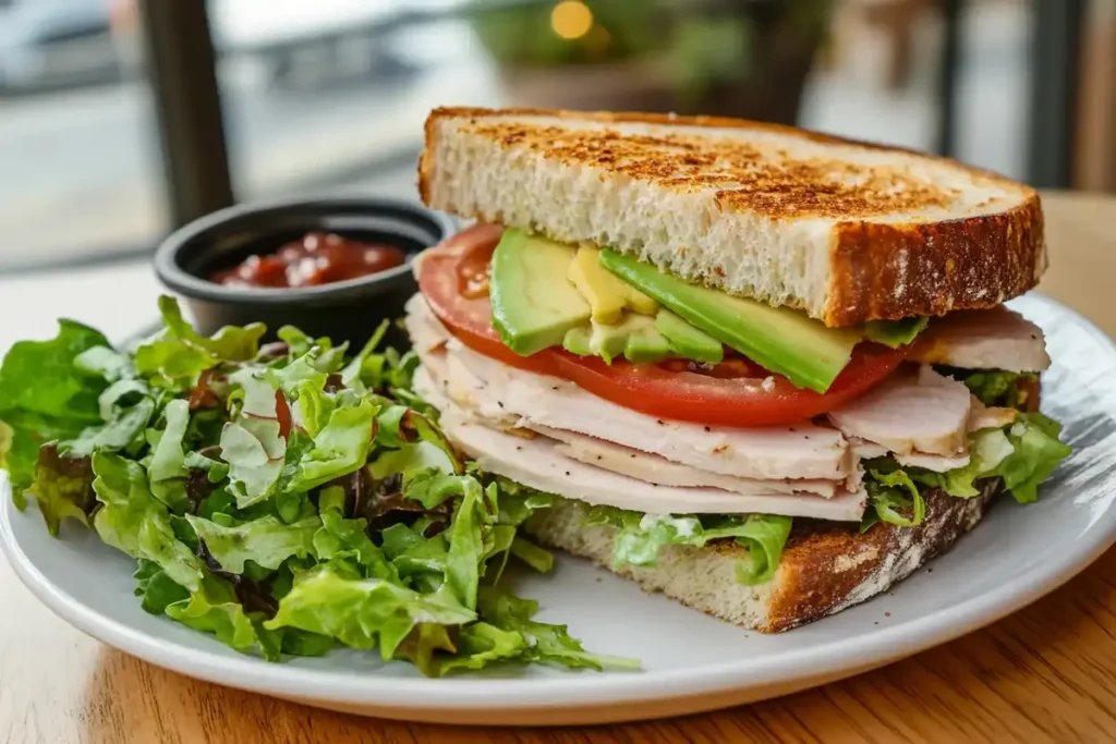 Turkey sandwich with avocado, tomato, and lettuce served on toasted bread with a side of fresh green salad and dipping sauce on a plate.