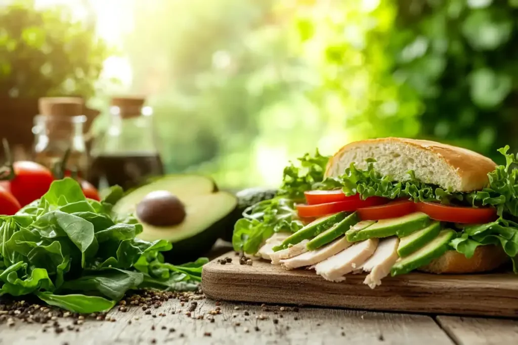 Fresh turkey sandwich with avocado, lettuce, and tomato on a wooden cutting board, surrounded by fresh vegetables and herbs in a vibrant, natural setting.