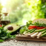 Fresh turkey sandwich with avocado, lettuce, and tomato on a wooden cutting board, surrounded by fresh vegetables and herbs in a vibrant, natural setting.