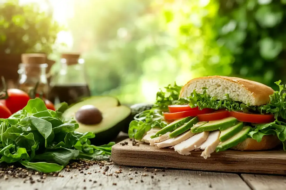 Fresh turkey sandwich with avocado, lettuce, and tomato on a wooden cutting board, surrounded by fresh vegetables and herbs in a vibrant, natural setting.