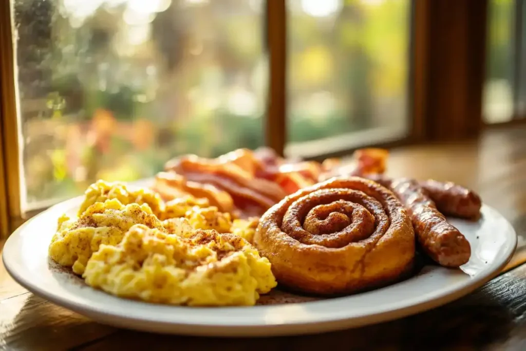 A breakfast plate with a cinnamon roll, scrambled eggs, sausages, and crispy bacon set against a sunny window view.