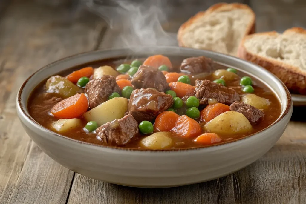 Hearty canned beef stew in a bowl.