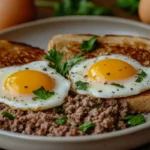 Minced beef breakfast recipe with eggs and toast.