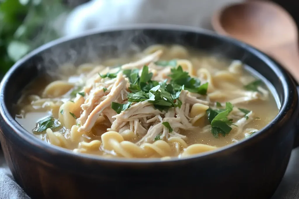 Gluten-free chicken noodle soup in a bowl.