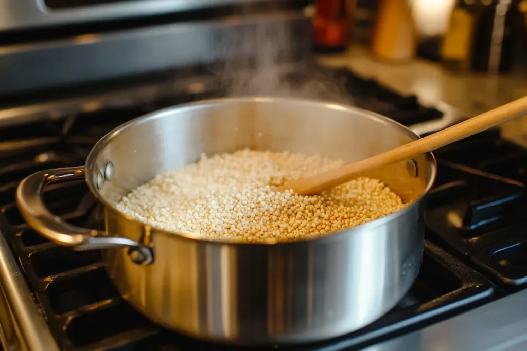 Cooking gluten-free grains for soup in a pot.