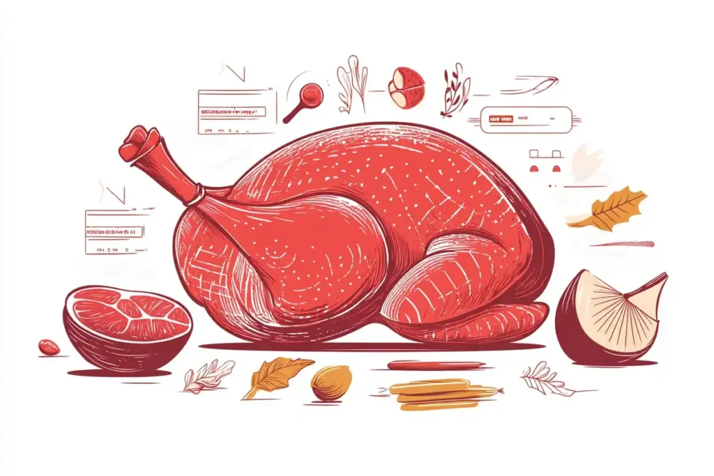 Illustration of a whole turkey surrounded by spices, herbs, and vegetables, emphasizing nutrition and culinary versatility.