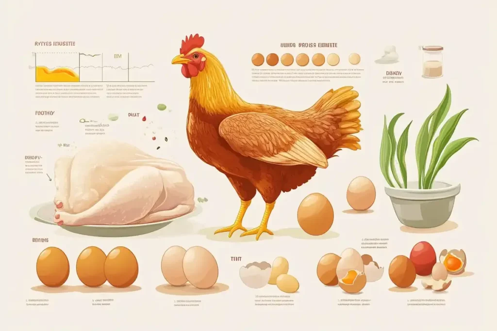 A detailed infographic illustrating the nutritional benefits of chicken and eggs, including protein, vitamins, and minerals.