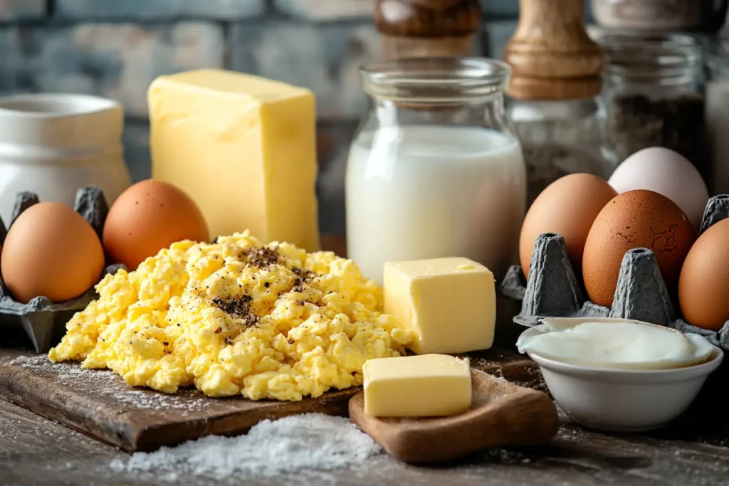 Ingredients for scrambled eggs on a Blackstone griddle