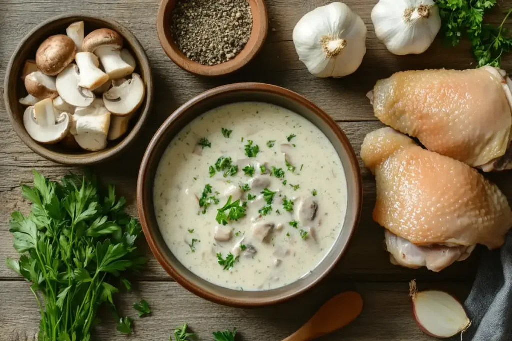 Ingredients for creamy chicken and mushroom soup, including raw chicken thighs, fresh mushrooms, garlic, parsley, and black pepper, displayed on a wooden table.