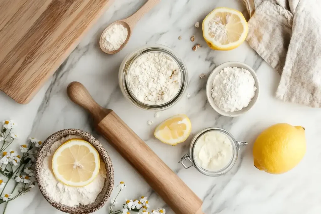 Overhead view of ingredients for making no-yeast dinner rolls, including flour, lemon, yogurt, and a wooden rolling pin on a marble surface.