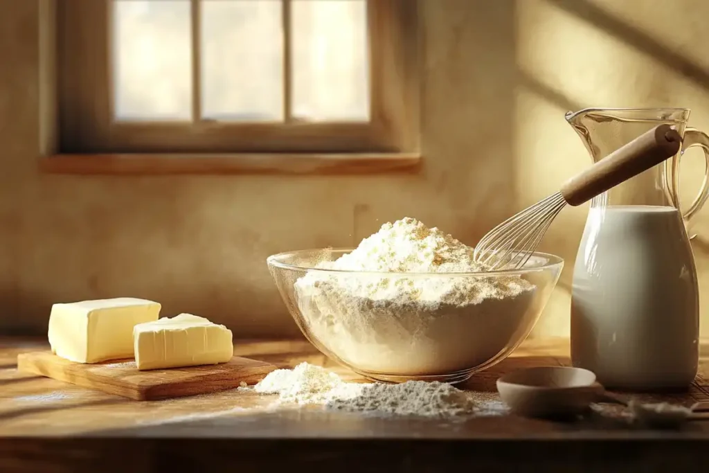 A mixing bowl filled with flour and a whisk, butter on a cutting board, and a jug of milk, bathed in warm sunlight by a window.