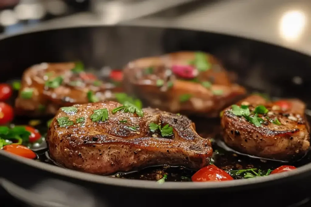 Juicy lamb shoulder chops in a skillet, topped with fresh parsley and served with cherry tomatoes for a colorful, flavorful dish.