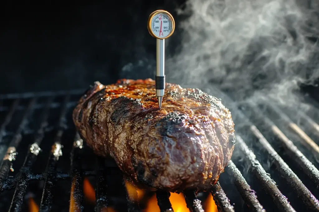 Using a meat thermometer on grilled beef arm roast.