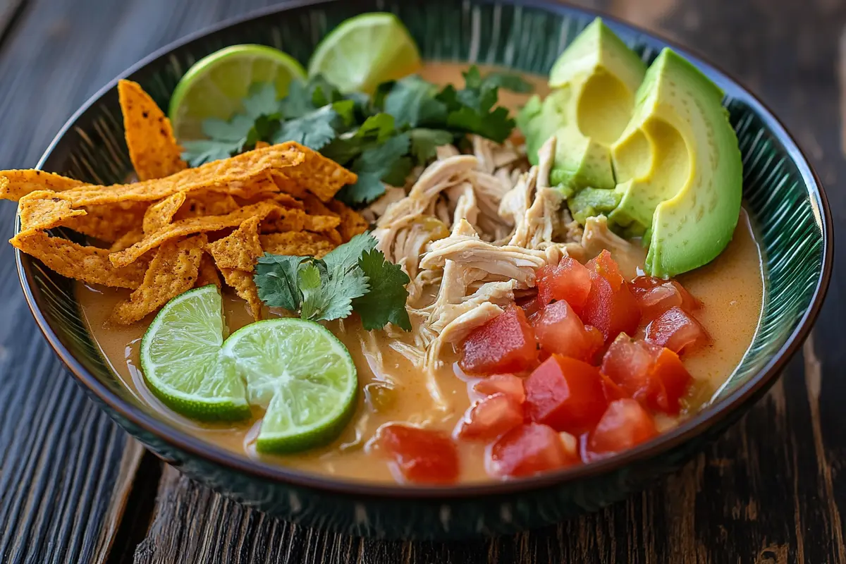 Authentic Mexican chicken soup recipe with vibrant toppings.