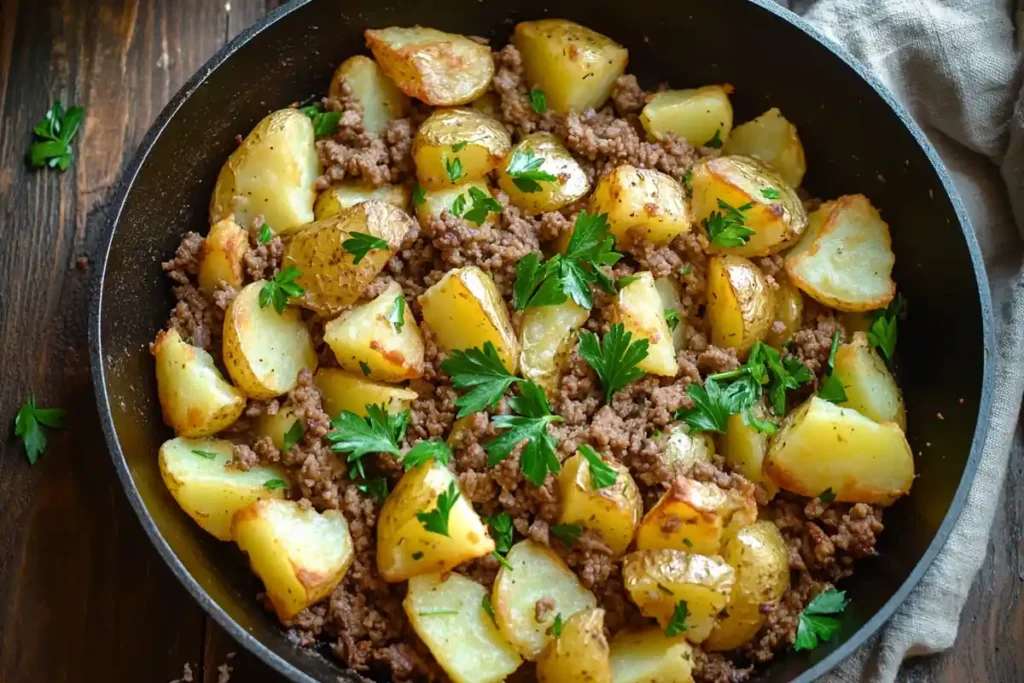 Minced beef and potato hash breakfast dish.