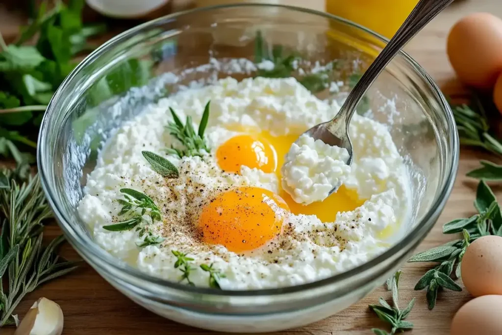 A glass bowl with cottage cheese, cracked eggs, herbs, and a spoon, ready to be mixed for a recipe.