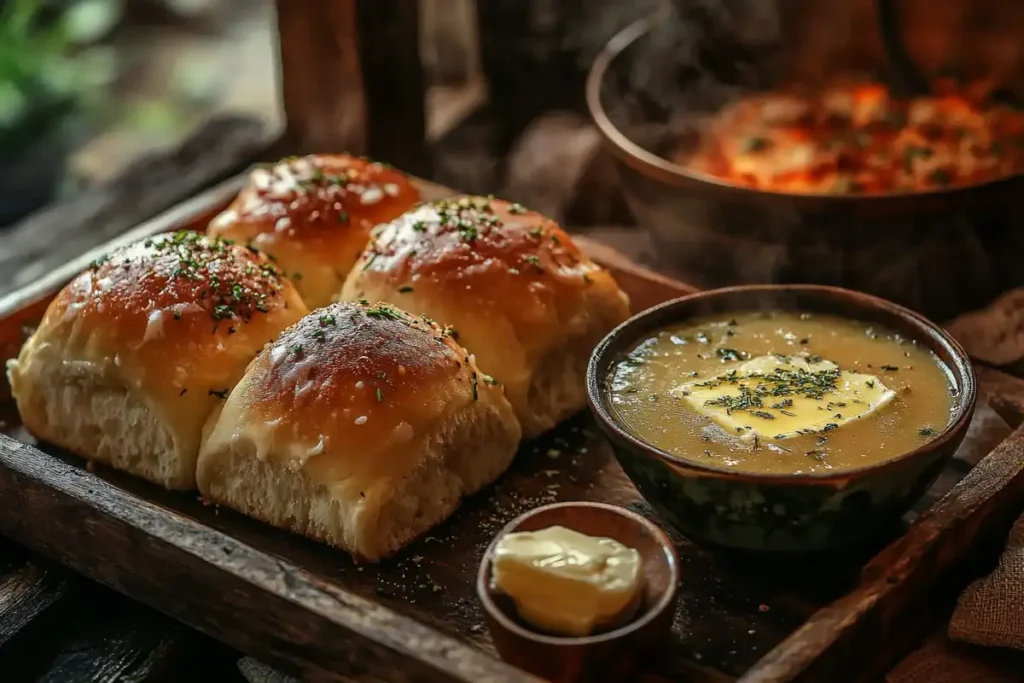 Golden brown no-yeast dinner rolls served on a rustic wooden tray with a bowl of buttered soup and fresh herb garnish.