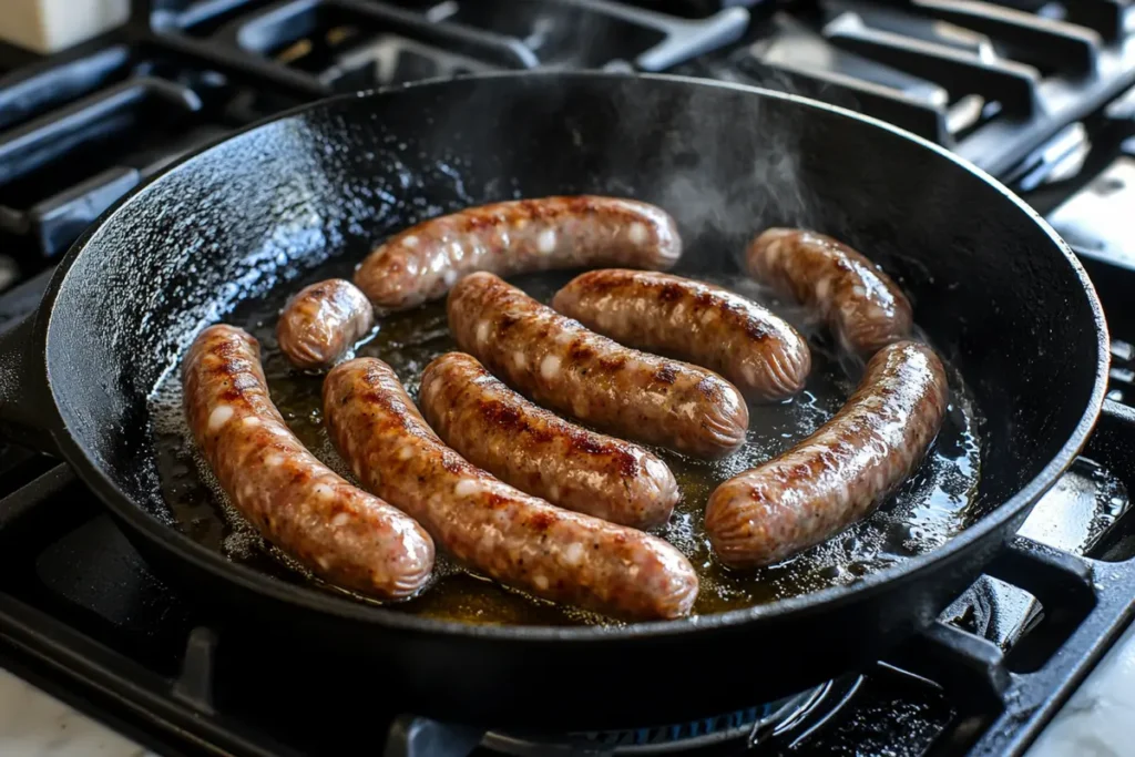 Pan-fried beef sausages in a cast-iron skillet