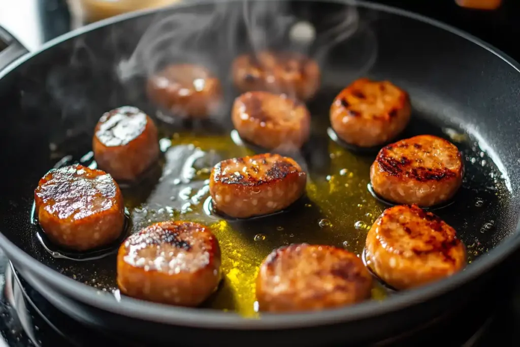 Cooking venison sausages in a pan.