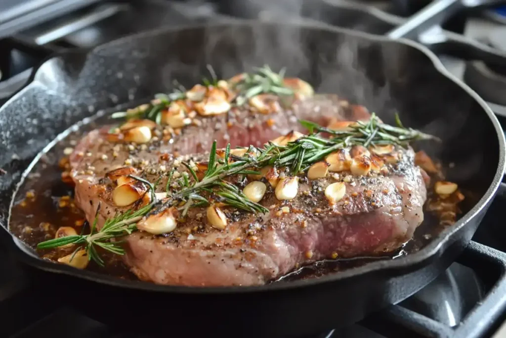 Arm steak searing in a cast-iron skillet with fresh rosemary, garlic cloves, and sizzling oil for a rich, golden-brown crust.