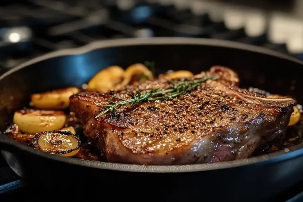 A perfectly seared lamb shoulder chop in a cast-iron skillet, garnished with rosemary and accompanied by golden-brown potatoes.