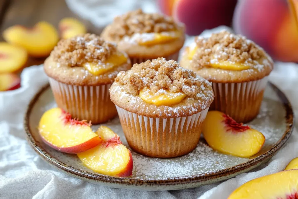 Peach muffins with streusel topping on a plate.